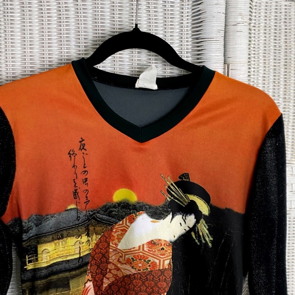 Scoop! Y2K Geisha Print Top Black Sheer Sleeve Orange Graphic Retro Novelty M - Picture 8 of 11